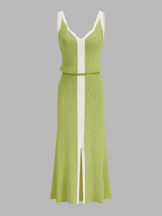 Contrast Trim Slit-Front Ribbed Knit Maxi Dress