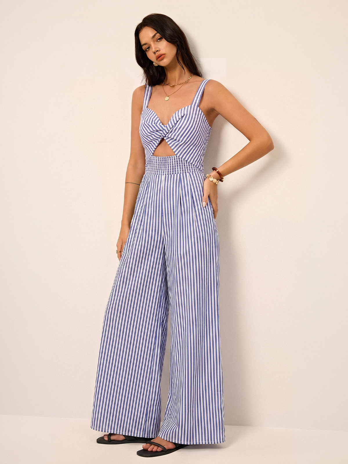Striped Cut Out Wide Leg Cami Jumpsuit