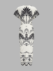 Palm Leaf Print Deep V Neck Maxi Dress