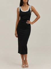 3D Floral Neckline Bodycon Midi Dress