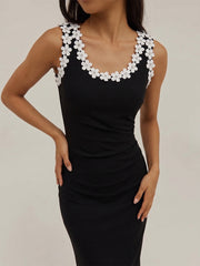 3D Floral Neckline Bodycon Midi Dress