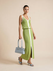 Contrast Trim Slit-Front Ribbed Knit Maxi Dress