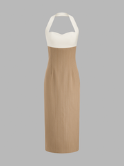 Color Block Halter Pinstripe Midi Bodycon Dress