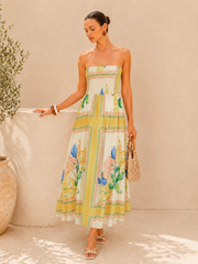 Smocked Bodice Strapless Floral Print Maxi Dress