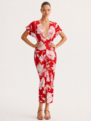 Floral Print Deep V Ruched Midi Dress