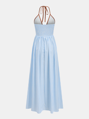 Deep V Neck Halter Striped Midi Dress