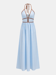 Deep V Neck Halter Striped Midi Dress