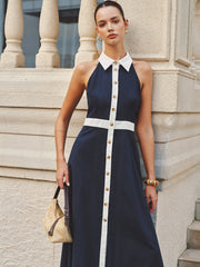 Collared Cotton Linen Contrast Trim Maxi Dress