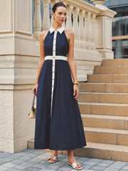 Collared Cotton Linen Contrast Trim Maxi Dress