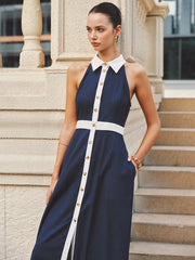 Collared Cotton Linen Contrast Trim Maxi Dress
