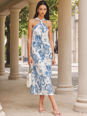 Halter Tie-Back Floral Print Midi Dress