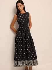 Back Cutout Embroidered Sleeveless Cotton Dress