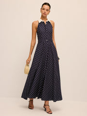 Polka Dot Contrast Collar Cotton Linen Dress