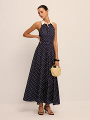 Polka Dot Contrast Collar Cotton Linen Dress
