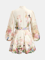 Floral Bird Print Lantern Sleeve Mini Dress