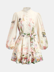 Floral Bird Print Lantern Sleeve Mini Dress