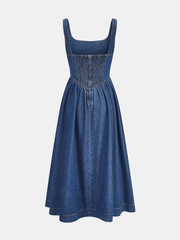 Denim Square Neck Tie Front Midi Dress