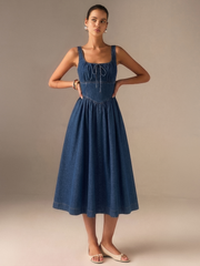 Denim Square Neck Tie Front Midi Dress