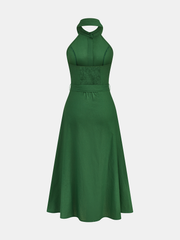 Belted Cotton Linen Halter Shirt Maxi Dress