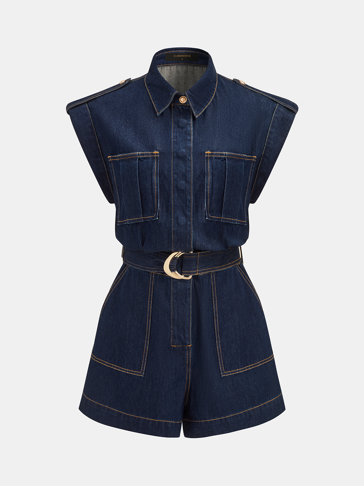 Belted Epaulet Denim Sleeveless Romper