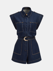 Belted Epaulet Denim Sleeveless Romper