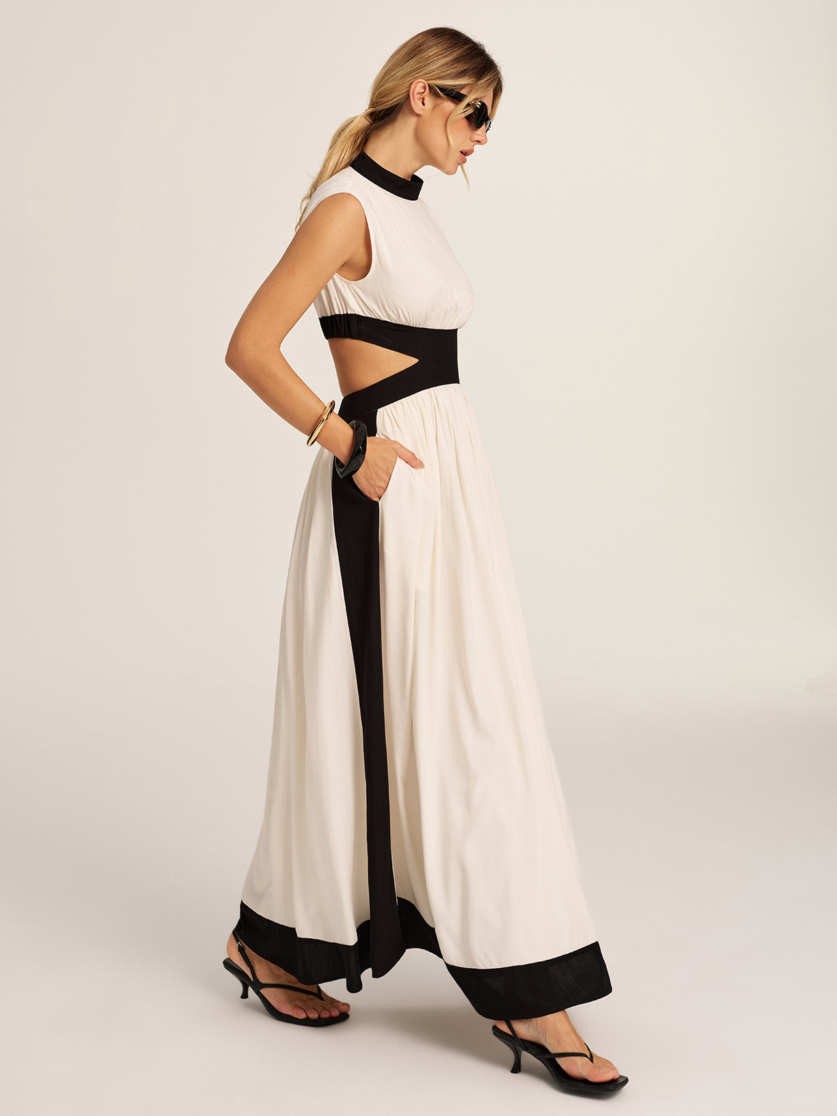 Color Block Cutout Pocketed Maxi Dress
