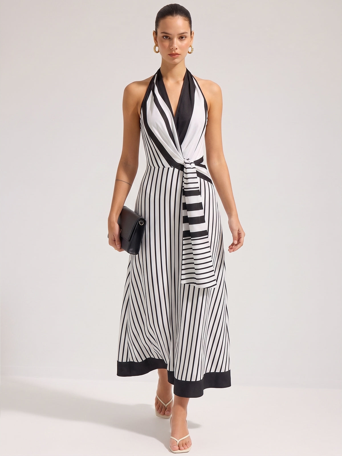 Striped Halter Wrap Maxi Dress