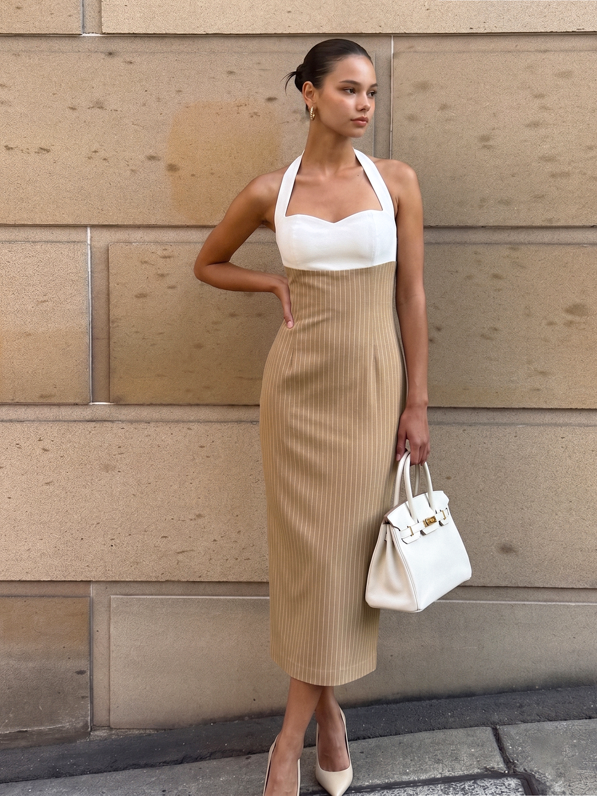 Color Block Halter Pinstripe Midi Bodycon Dress