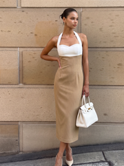 Color Block Halter Pinstripe Midi Bodycon Dress