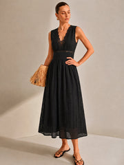 Lace Trim V-Neck Eyelet Maxi Dress