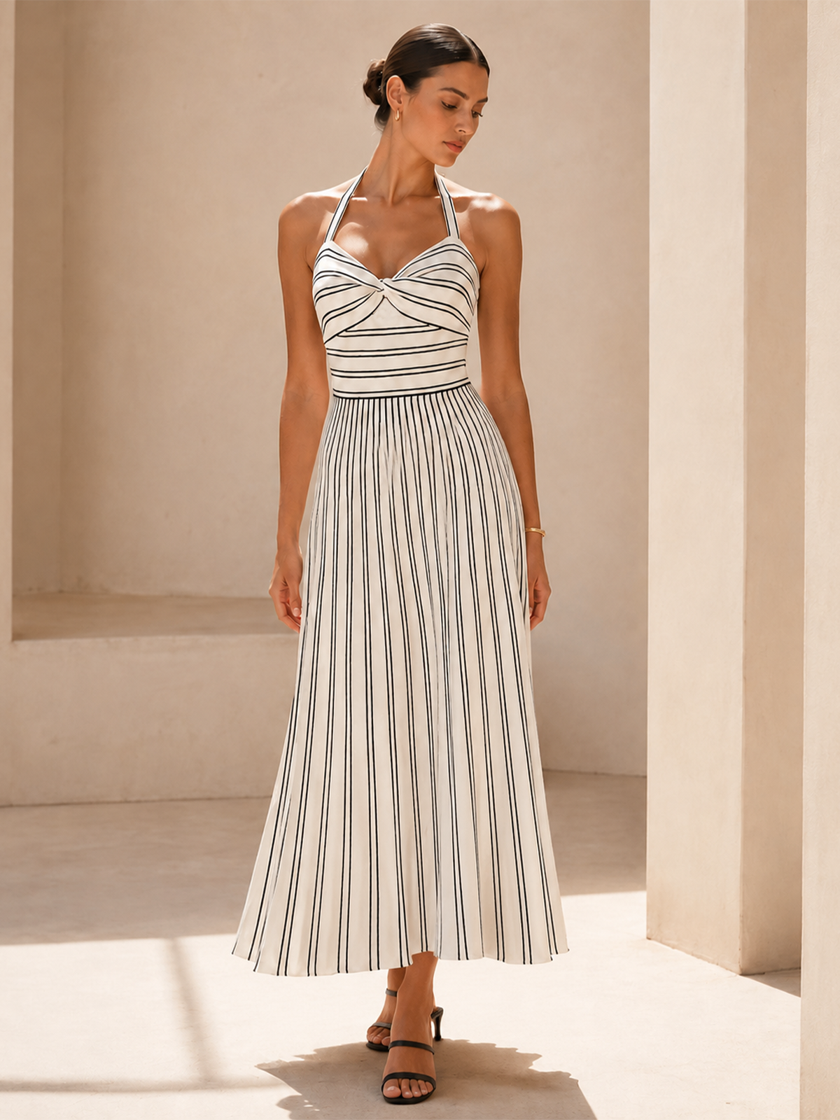 Striped Halter Knit Midi Dress