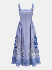 Tropical Print Square Neck Backless Maxi Dress