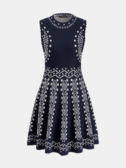 Scallop Trim Ethnic Pattern Knit Mini Dress