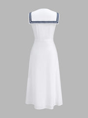 Sleeveless Sailor Collar Cotton Linen Midi Dress