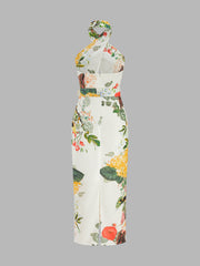 Halter Floral Print Belted Midi Pencil Dress