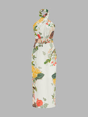 Halter Floral Print Belted Midi Pencil Dress