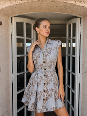 Belted Striped Floral Embroidered Shirt Dress
