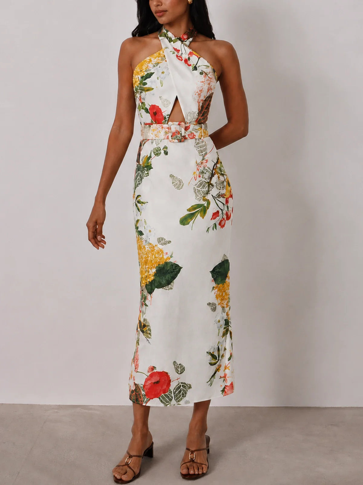 Halter Floral Print Belted Midi Pencil Dress