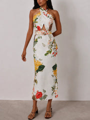Halter Floral Print Belted Midi Pencil Dress