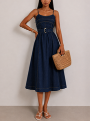 Belted A-Line Denim Cami Midi Dress