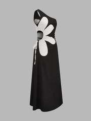 One Shoulder Big Floral Cutout Maxi Dress
