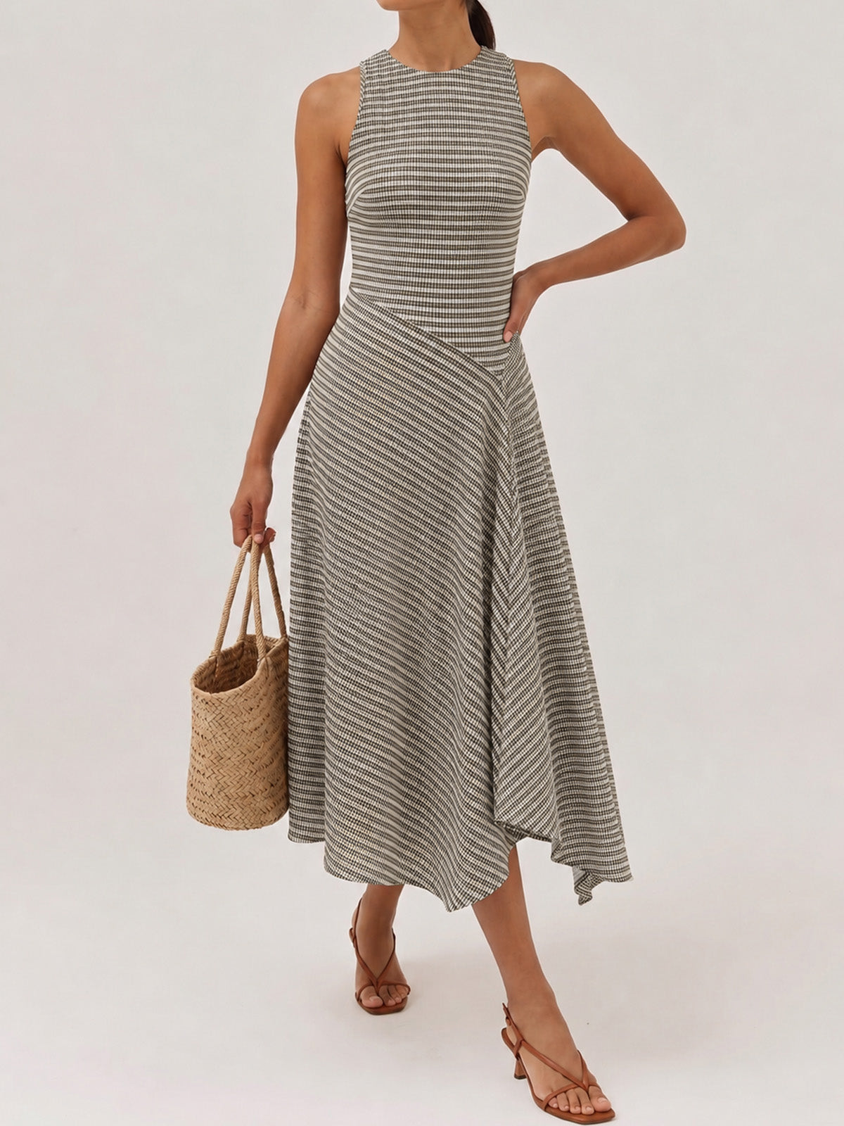 Textured Striped Sleeveless Asymmetrical Dress