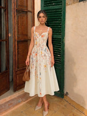 Floral Bird Print Bustier Strap Midi Dress