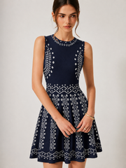 Scallop Trim Ethnic Pattern Knit Mini Dress