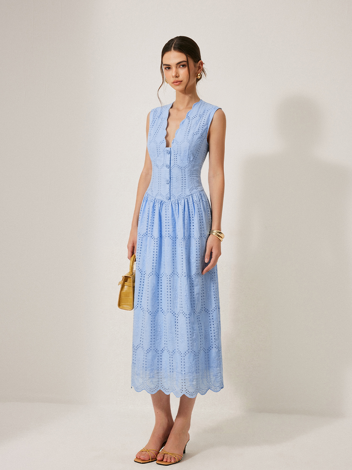 Sleeveless Embroidered Cotton Eyelet Midi Dress