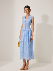 Sleeveless Embroidered Cotton Eyelet Midi Dress
