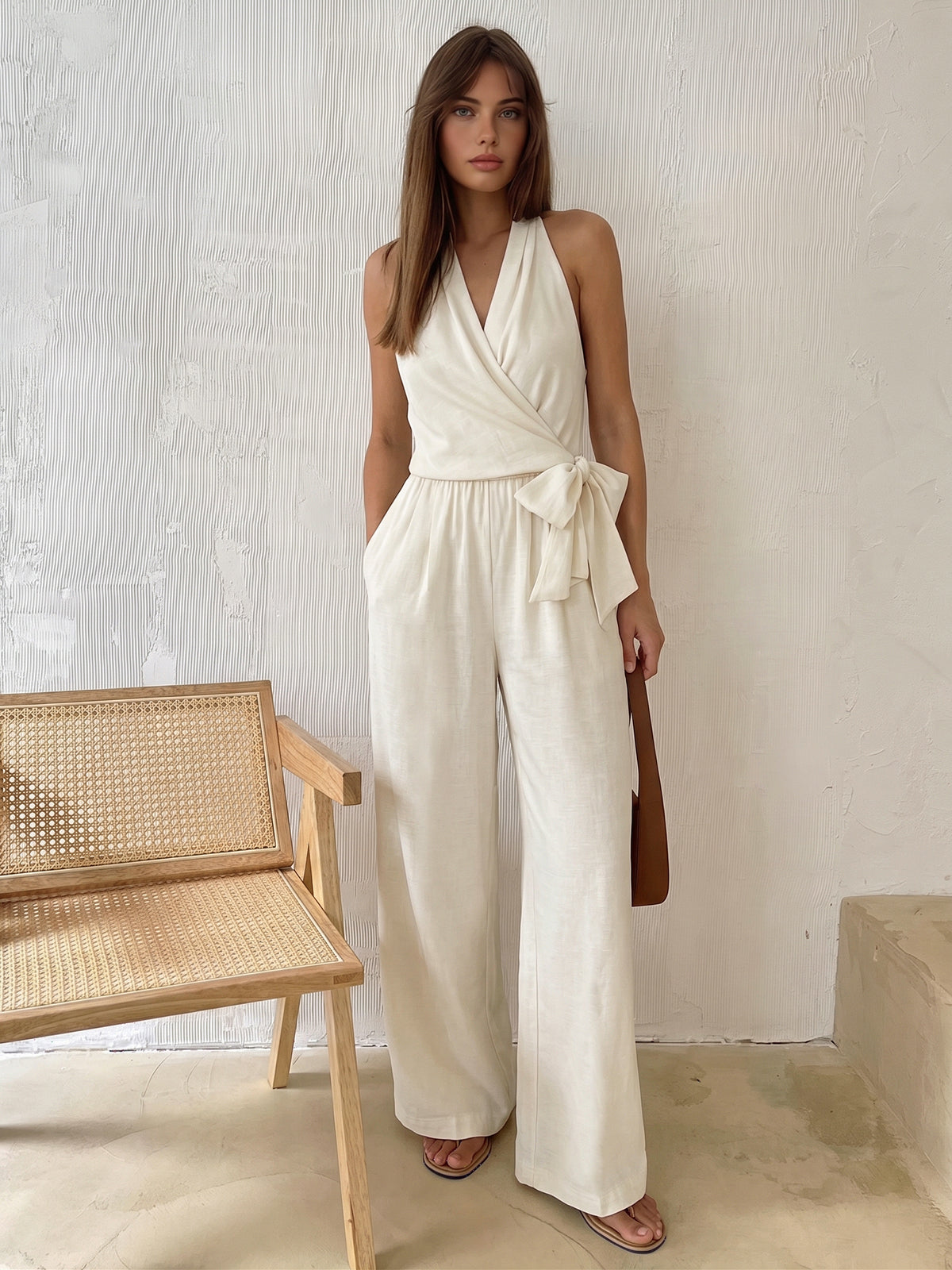 Halter Neck Tie Waist Wide Leg Jumpsuit
