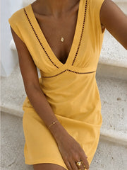 Linen Blend Eyelet Trim Sleeveless Mini Dress