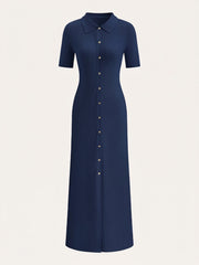 Metal Button Collar Midi Dress in Premium Fabric