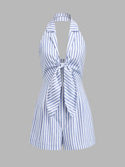 Halter Tie Front Striped Romper